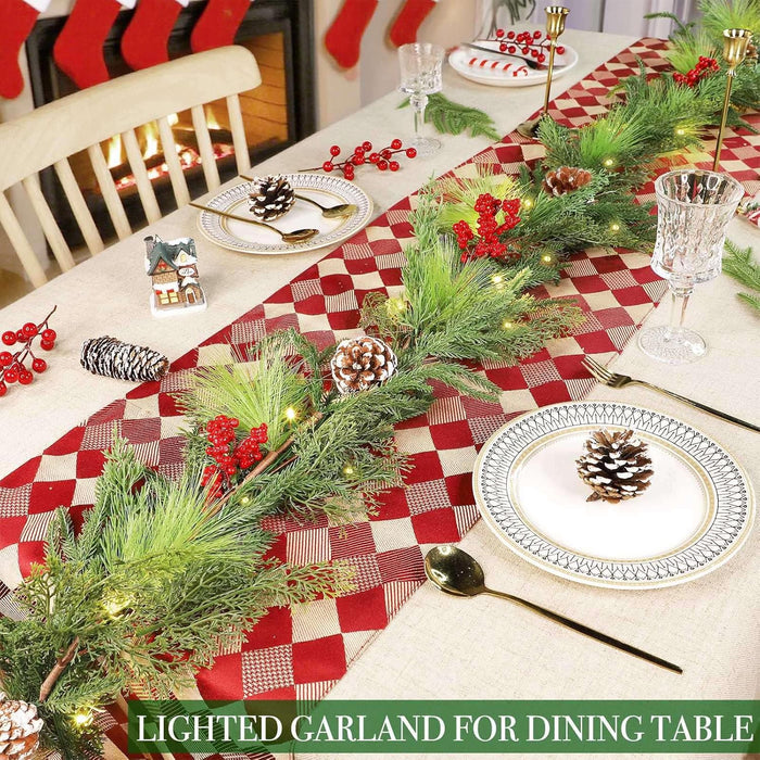 6 Ft Pre-lit Christmas Garland with Lights Timer, Real Touch Norfolk Pine Garland Green Cedar Garlands Pine Needle Cypress Leaves Pinecone Red Berries Lighted Garland for Fireplace Table Xmas Decor
