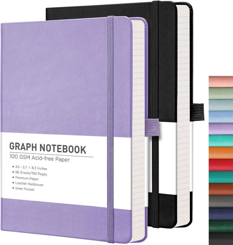 RETTACY Lined Journal Notebook, 2-Pack, 192 Numbered Pages per Pack, A5 Medium Size (5.7'' x 8.3''), for Men & Women, Writing, Work, Leather Hardcover, 100 GSM Thick Paper (Black & Dark Green)