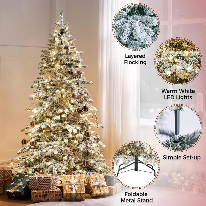 Yaheetech 6ft Pre-Lit Artificial Christmas Tree with 400 Warm White LED Lights & 940 PVC Tips,Hinged Snow Flocked Xmas Tree with Foldable Stand & Protective Foot Caps,Green & White