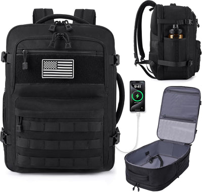 MOZETO TSA Approved Carry On Backpack, Extra Large Tactical Travel Backpack for Men, Airplane Approved Weekender Bag, Water Resistant Lightweight Laptop Daypack for Flight, Black