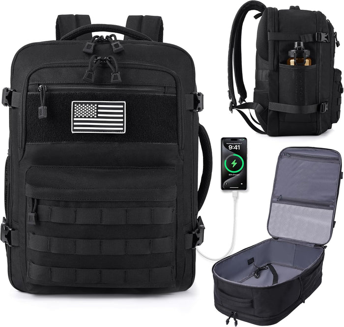 MOZETO TSA Approved Carry On Backpack, Extra Large Tactical Travel Backpack for Men, Airplane Approved Weekender Bag, Water Resistant Lightweight Laptop Daypack for Flight, Black