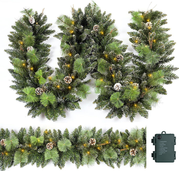 Christmas Garland Prelit 9 Ft Battery Operated with 50 Led Lights, Pine Cone and Snow Style Xmas Garland, Christmas Decor for Mantle StairIndoor Outdoor