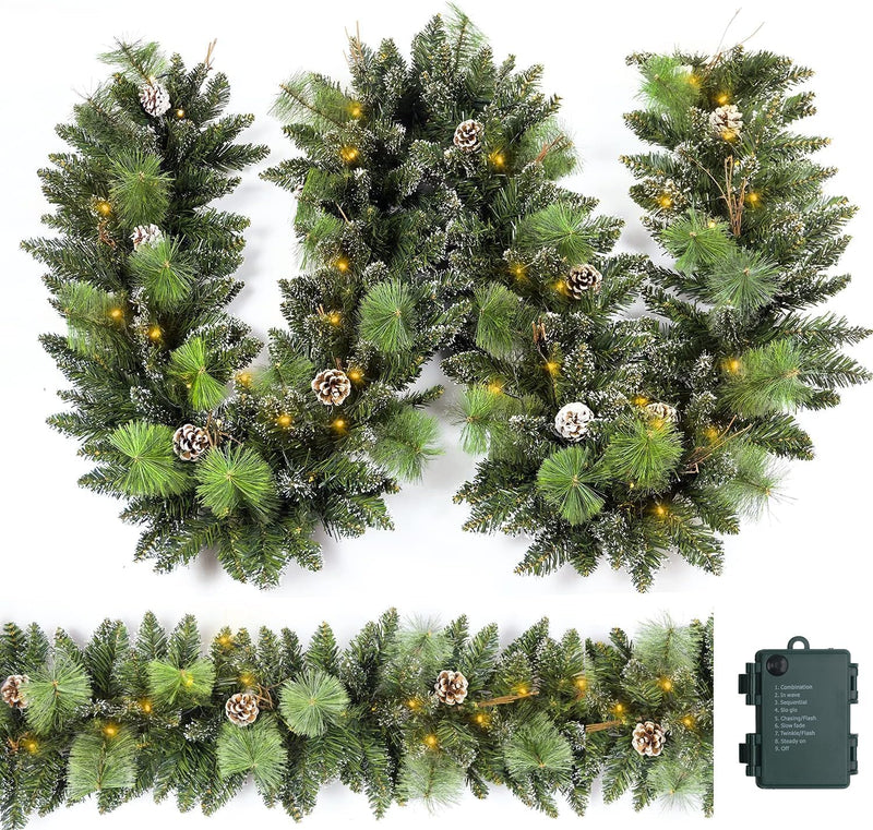 Christmas Garland Prelit 9 Ft Battery Operated with 50 Led Lights, Pine Cone and Snow Style Xmas Garland, Christmas Decor for Mantle StairIndoor Outdoor