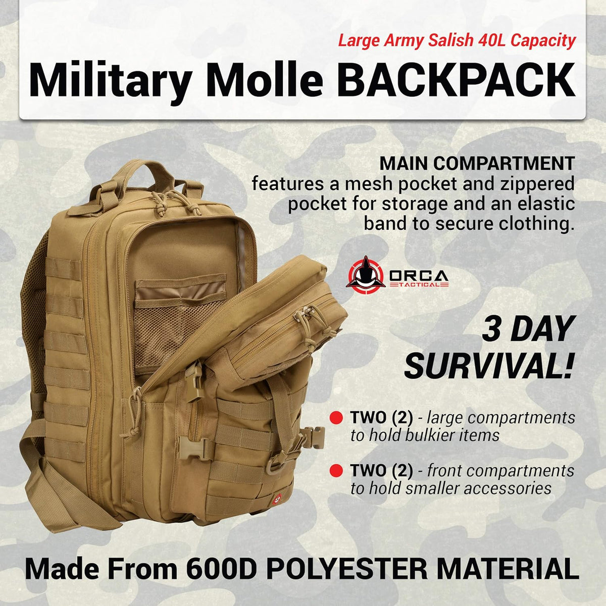 Orca Tactical Backpack 40L Large Military 1 to 3 Day Molle Assault Pack Rucksack Army Bag