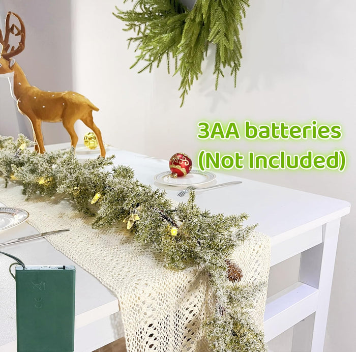Pine Garland-6FT Christmas Garland,Artificial Evergreen Battery Operated Garland with Lights,Prelit Garland Timer for Mantle Holiday Outdoor Indoor Fireplace Decor