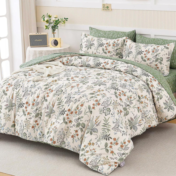 WONGS BEDDING Botanical Comforter Set Queen, 7 Pieces Green Reversible Bed in a Bag Floral Leaves Bedding Soft Microfiber Queen (1 Comforter,2 Pillowcase,2 Pillow Shams,1 Flat Sheet,1 Fitted Sheet)