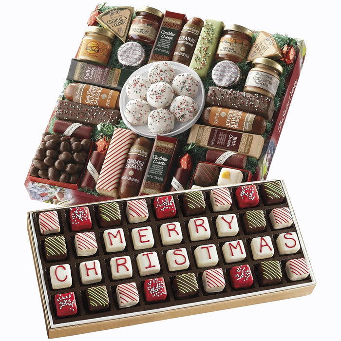 The Swiss Colony 27 Favorites Food Gift Set, Summer Sausage Meats and Cheeses, Assorted Chocolates, Candies, Petits Fours, Cheese & Charcuterie Board Gifts Basket, Holiday, Christmas - Holiday Red Box
