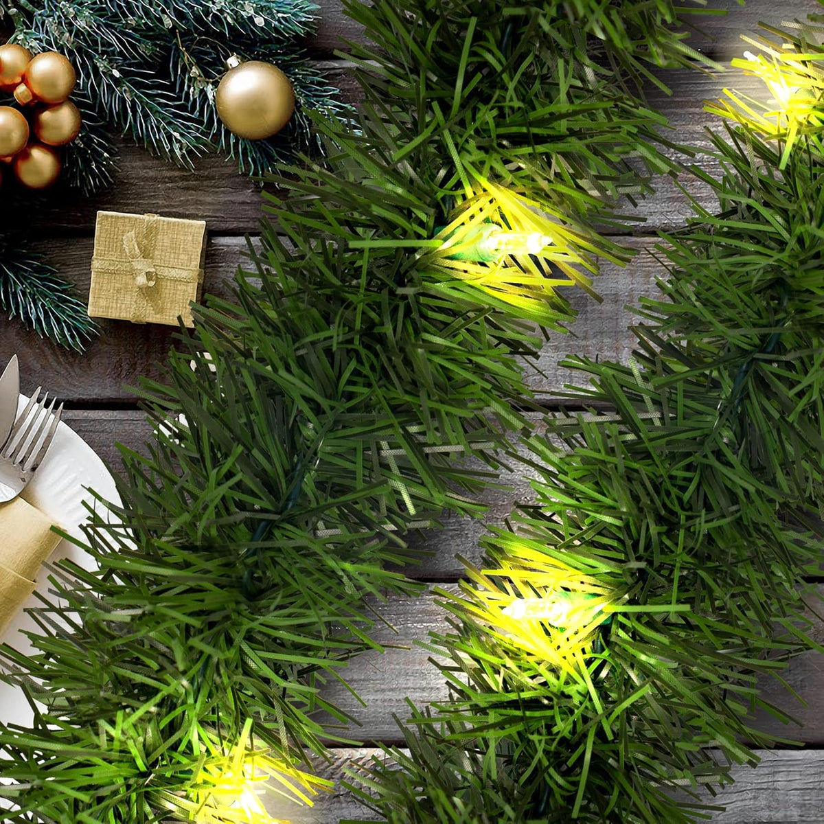WATERGLIDE 49FT Lighted Christmas Green Garland with 100 Count Clear String Lights, Pre-lit Long Artificial Greenery Garlands, Plug in Holiday Decorative Lights for Indoor Outdoor Decor