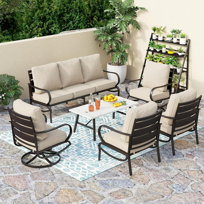 PHI VILLA 4 Piece Patio Furniture Sets for 5 Person with 1 x 3-Seat Deep Seating Bench, 2 x Cushioned Swivel Sofa Chairs & 1 x Coffee Table, Outdoor Metal Conversation Set for Lawn Garden, Red