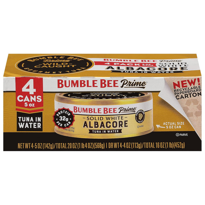 Bumble Bee Prime Solid White Albacore Tuna in Water, 5 oz Easy Open Cans (Pack of 4) - Premium Wild Caught Tuna - 32g Protein per Serving - Non-GMO Project Verified, Gluten Free, Kosher