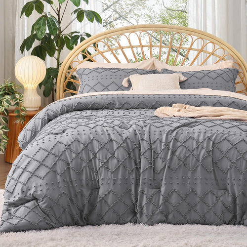 Bedsure Queen Comforter Set - White Comforter, Boho Tufted Shabby Chic Bedding Comforter Set for Kids, 3 Pieces Vintage Farmhouse Bed Set for All Seasons, Fluffy Soft Bedding Set with 2 Pillow Shams