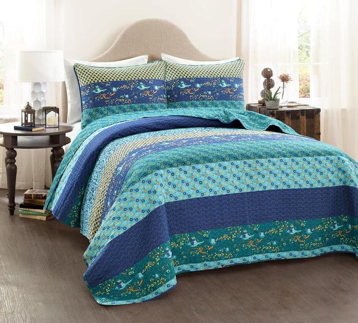 Lush Decor Royal Empire Reversible Cotton Quilt Set, 3 Piece Set King, Peacock - Striped Bedding Set - Floral Quilt King Size - Blue Bedding - Boho Decor