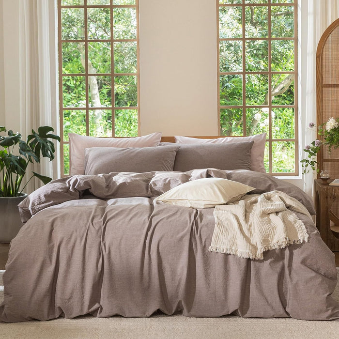 MooMee Bedding Duvet Cover Set 100% Washed Cotton Linen Like Textured Breathable Durable Soft Comfy (Heathered Green, Oversized Queen 98"x98")