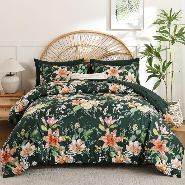Drucon Comforter Set King Size, 7 Pieces Sage Green Floral Comforter Sets, Reversible Botanical Bed in a Bag Soft Lightweight Microfiber Bedding Sets for All Seasons (90"x104")