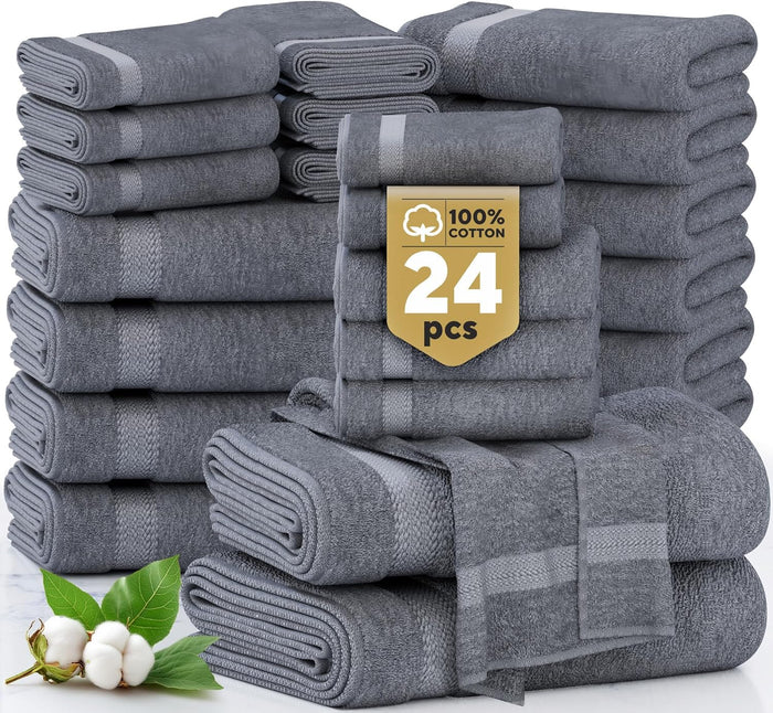 Lane Linen 100% Cotton 24 Pc Bathroom Towel Set - Ring Spun, Quick Dry, Soft & Absorbent - 2 Bath Sheets, 4 Fingertip Towels, 4 Bath, 6 Hand Towels, 8 Washcloths - Hotel Quality Towel Set - Space Grey