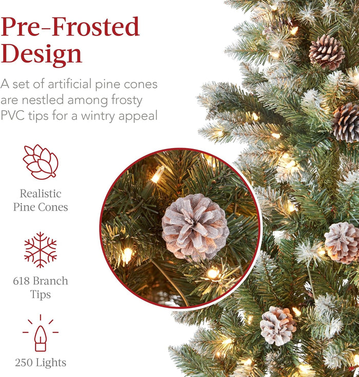 Best Choice Products 6ft Pre-lit Pencil Christmas Tree, Partially Flocked & Frosted Slim Holiday Tree Decoration, Skinny Xmas Tree, 250 Lights, 618 Frosted Tips, 50 Pine Cones, Foldable Stand