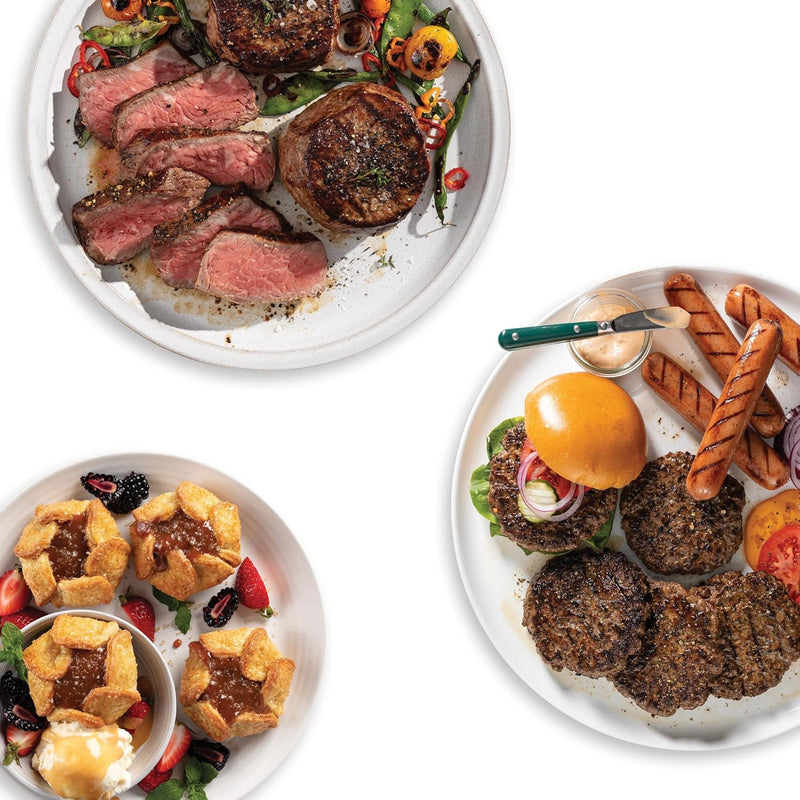 Omaha Steaks Deluxe Gift Package (4 Bacon-Wrapped Filet Mignons, 4 Steak Burgers, 4 Gourmet Jumbo Franks, 4 Au Gratin Potatoes, 4 Caramel Apple Tartlets, 1 jar Omaha Steaks Seasoning)