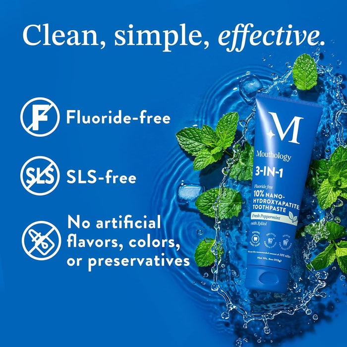 Mouthology 10% Nano Hydroxyapatite Toothpaste (Fluoride Free), Whitening*, Supports Enamel Care*, Appropriate for Sensitive Teeth*, SLS Free, Xylitol nHA Toothpaste for Adults, Mint 4oz (USA Made)
