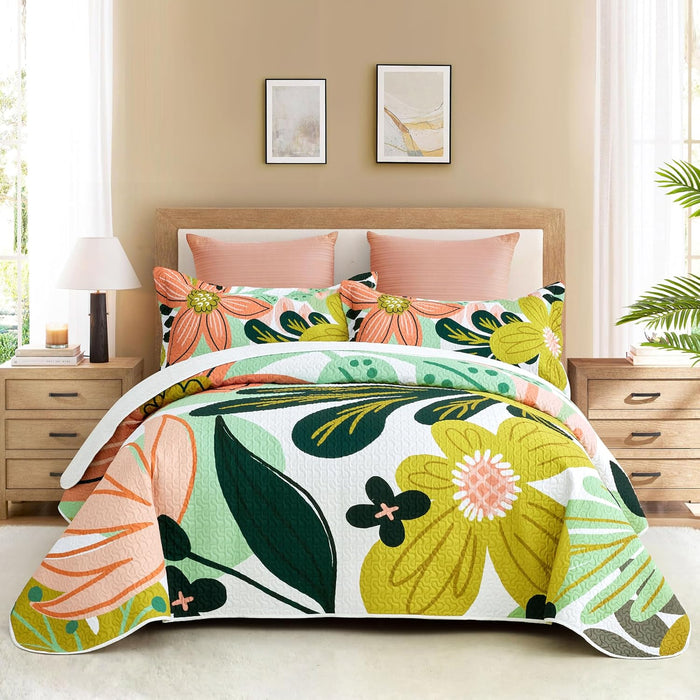 3 Piece Black Boho Floral King Size Quilt Sets Reversible Farmhouse Botanical Lightweight Bedspread Coverlet with 2 Shams Mid Century Microfiber Fall Bedding Quilts Set for All Season,106''x96''