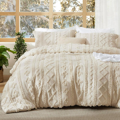 Bedsure Tufted Boho Comforter Set Queen Size - Beige Boho Bed Set, GentleSoft™ 3 Pieces Farmhouse Shabby Chic Embroidery Bedding, Gifts for Woman, Soft Jacquard Queen Comforter for All Seasons
