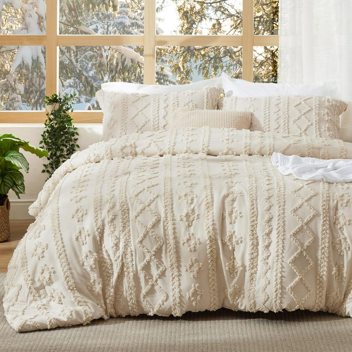 Bedsure Tufted Boho Comforter Set King Size - Beige Boho Bed Set, GentleSoft™ 3 Pieces Farmhouse Shabby Chic Embroidery Bedding, Gifts for Woman, Soft Jacquard King Comforter for All Seasons