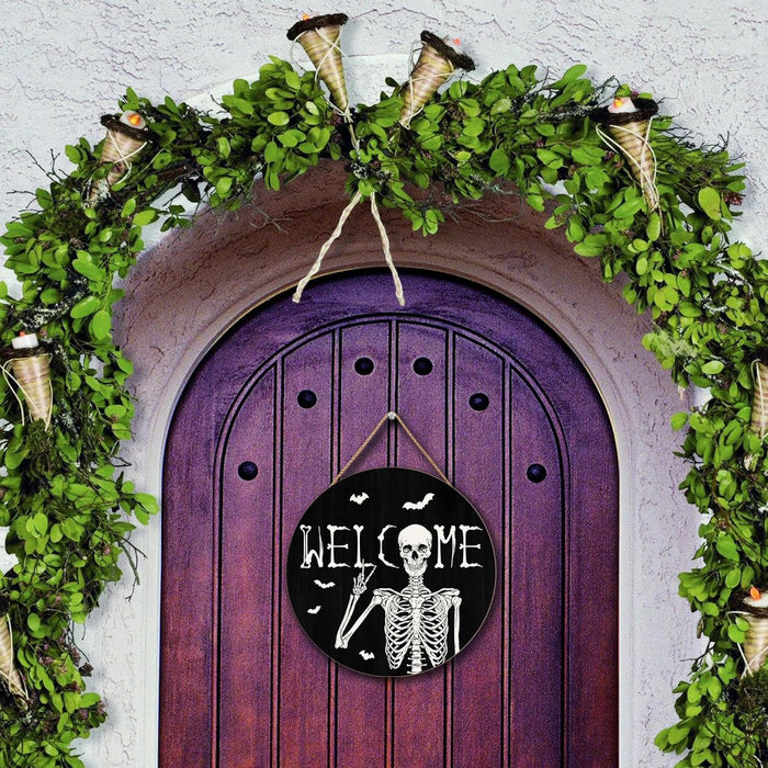 Halloween Skull Welcome Door Sign Halloween Front Door Hanger Decor Rustic Wood Hanging Door Wreath Wall Sign Home Party Outdoor Wall Decor