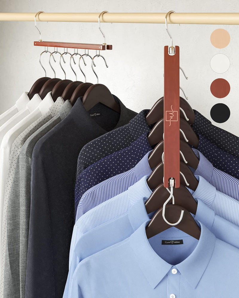MORALVE Space Saving Hangers for Closet – 4 Pack European Beechwood 6-Tier Shirt Organizer with 360° Swivel Hook – Collapsible Clothes Hanger for Closet Organization (Hangers Not Included)