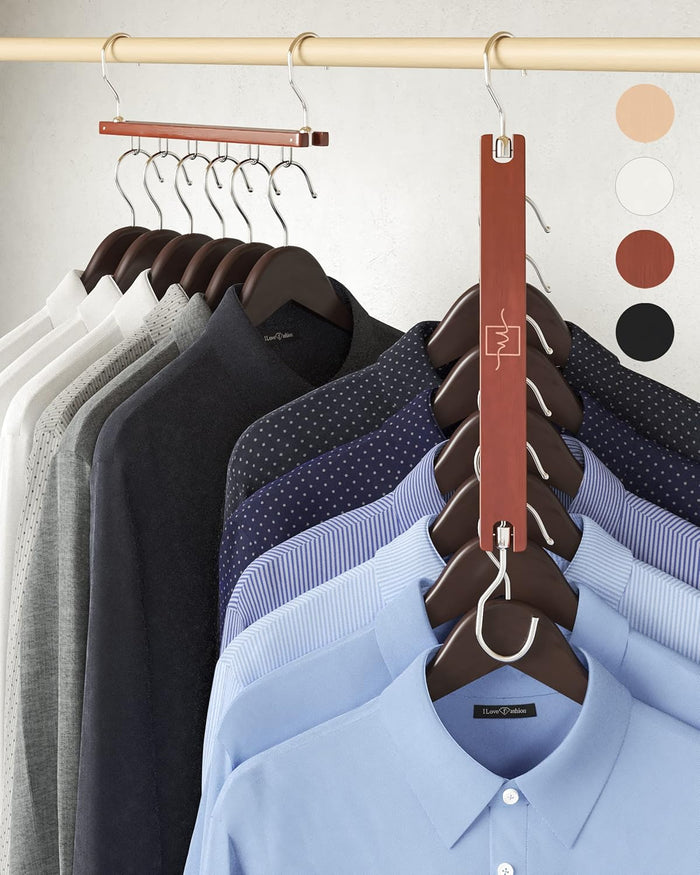MORALVE Space Saving Hangers for Closet – 4 Pack European Beechwood 6-Tier Shirt Organizer with 360° Swivel Hook – Collapsible Clothes Hanger for Closet Organization (Hangers Not Included)