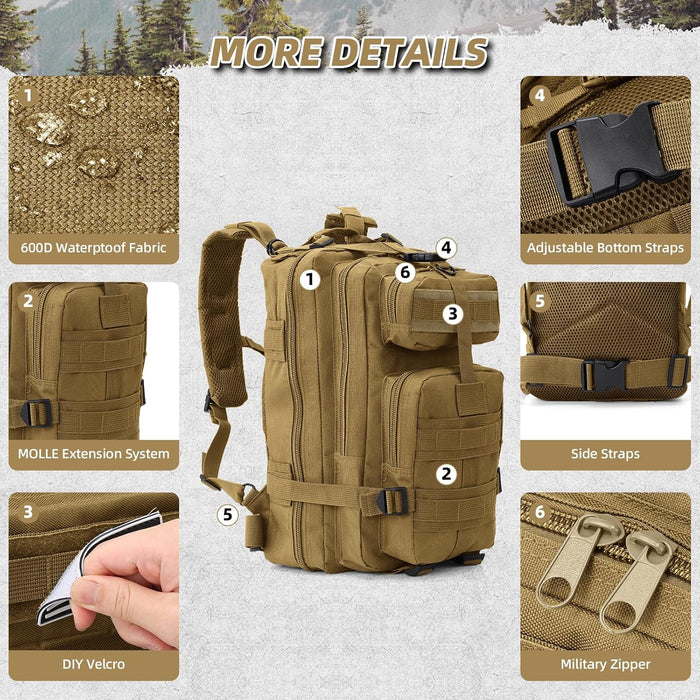 Small Military Tactical Backpack, 30L Tactical Assault Bag for Men, Army Assault Rucksack GYM Hiking Backpack Bug Out Bag Khaki