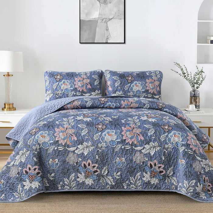 WONGS BEDDING Floral Quilt Set King Size, Grey Botanical King Bedspread Bedding Sets Soft Lightweight Microfiber Flower Gray Coverlet Set 3 Pieces for All Season (104"x90")