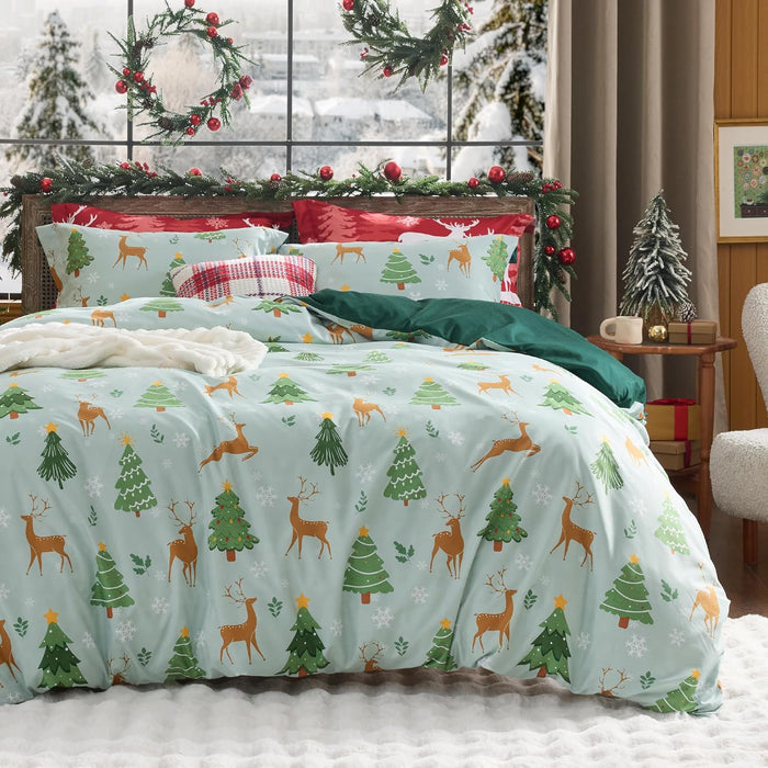 Bedsure Christmas Duvet Cover Queen - Christmas Bedding Set, Reversible Buffalo Check Printed Plaid Duvet Cover, 3 Pieces Bedding Set with 2 Pillow Shams (Queen, Reindeer)