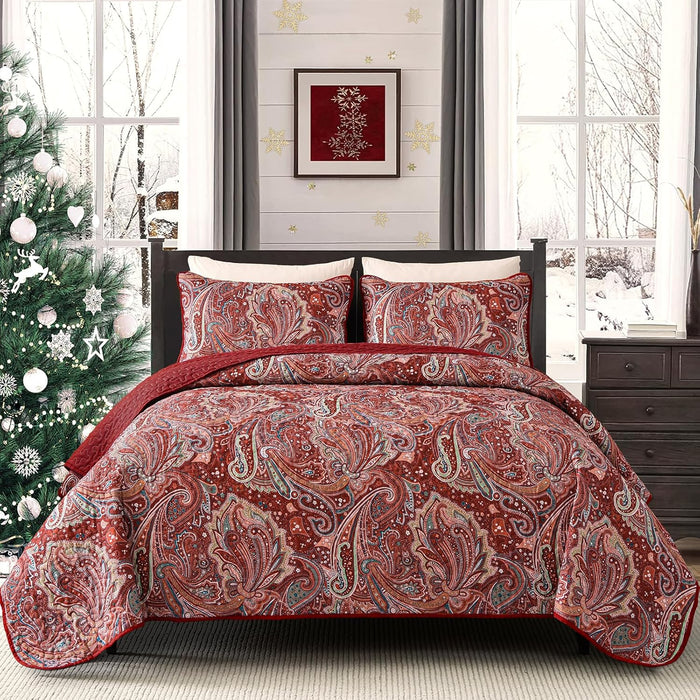 DJY Red Paisley Quilt Set California King Boho Bedspread 3 Pieces, Soft Lightweight Microfiber Coverlet Set Paisley Floral Pattern Bedding for All Season, 112"x96"