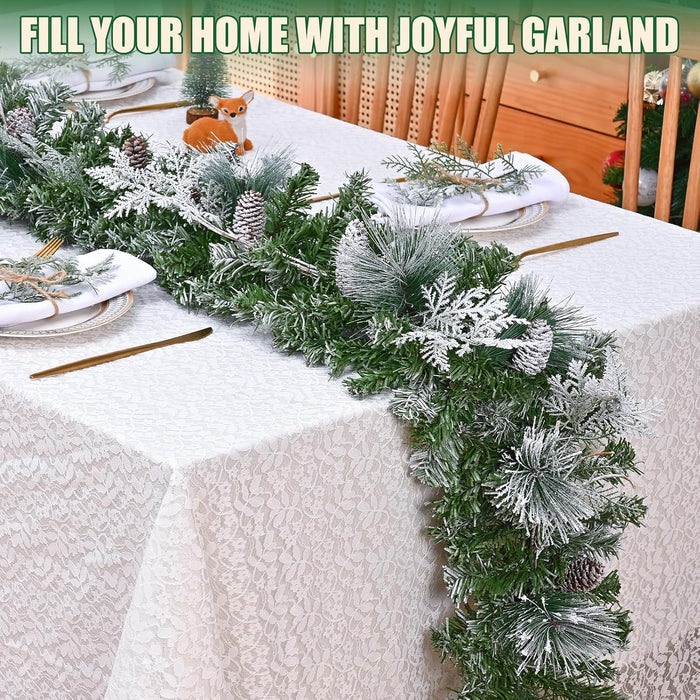 6 FT Christmas Garland with Lights, Artificial Flocked Pine Garland for Mantle, Lighted Garland Real Touch Norfolk Pine with Frost Leaves Pinecones for Indoor Outdoor Christmas Decorations