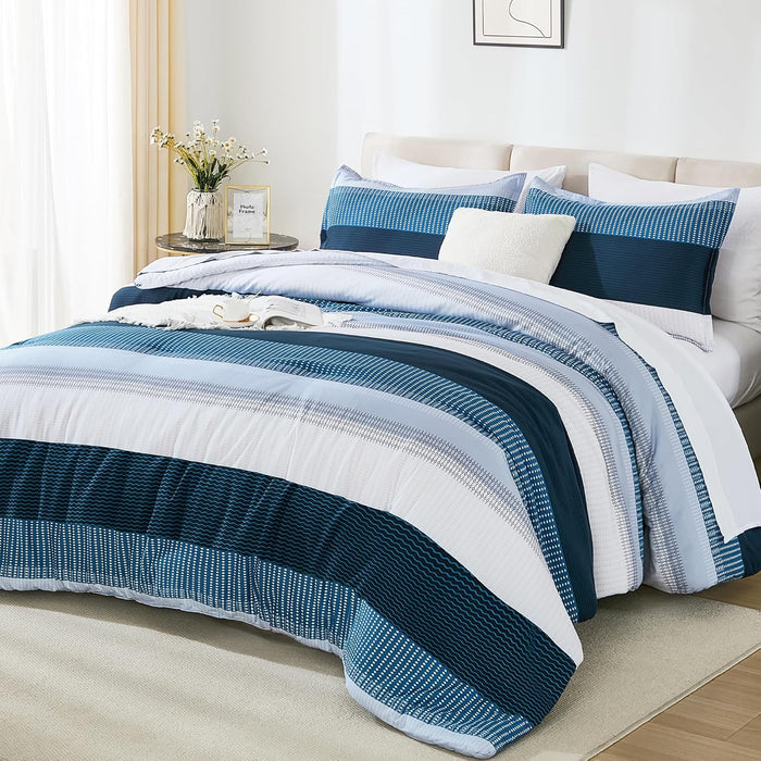 Andency Queen Comforter Set 7 Pieces Bed in a Bag - Black White Grey Striped Lightweight Soft Microfiber All Season Queen Size Bedding Set with Comforter, Fitted & Flat Sheet, Pillowcases & Shams