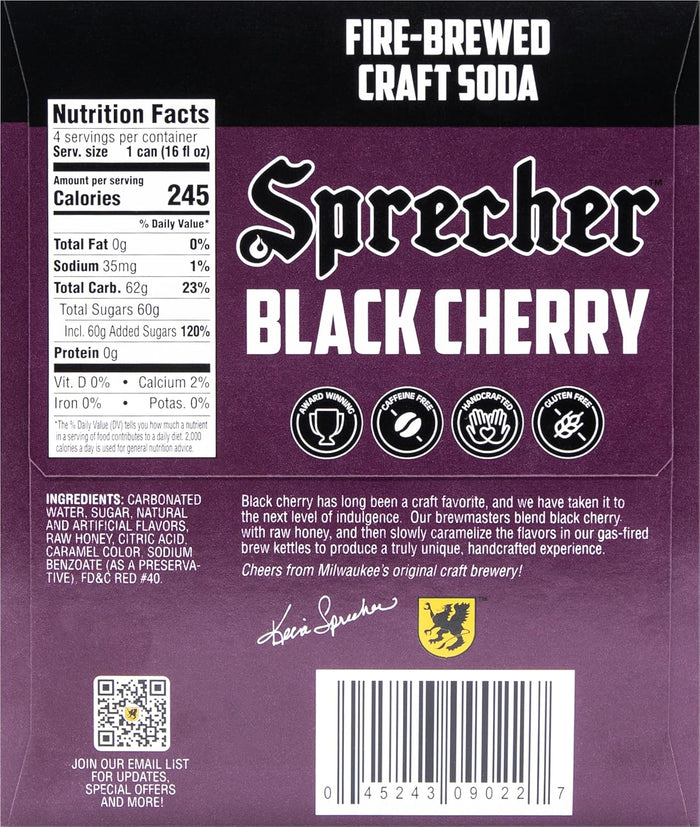 Sprecher Black Cherry Soda – Fire-Brewed with Real Honey & Door County Cherry Juice – Handcrafted, Caffeine-Free, Gourmet Beverage – 16 fl oz Cans (12 Pack)