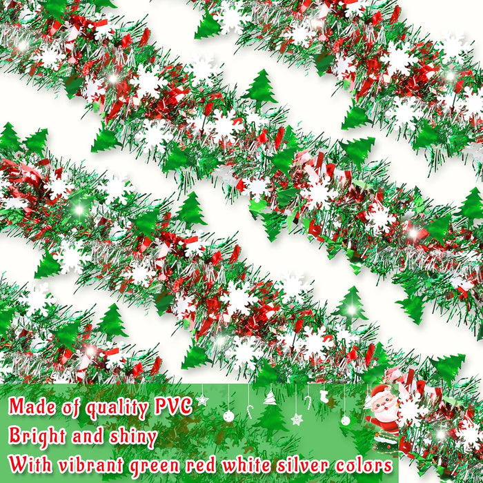 50 FT Christmas Decorations Tinsel Garland with Snowflake Christmas Tree, Red Green Silver Shiny Metallic Twist Christmas Garland for Home Tree Mantle Stairs Indoor Outdoor Holiday Xmas Party Decor