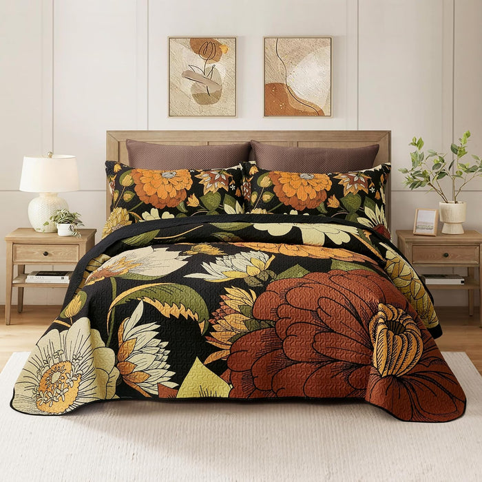 3 Piece Green Boho Floral Full/Queen Quilt Sets Farmhouse Botanical Reversible Lightweight Bedspread Coverlet with 2 Shams Butterfly Microfiber Bedding Quilts Set for All Season, 90''x96''