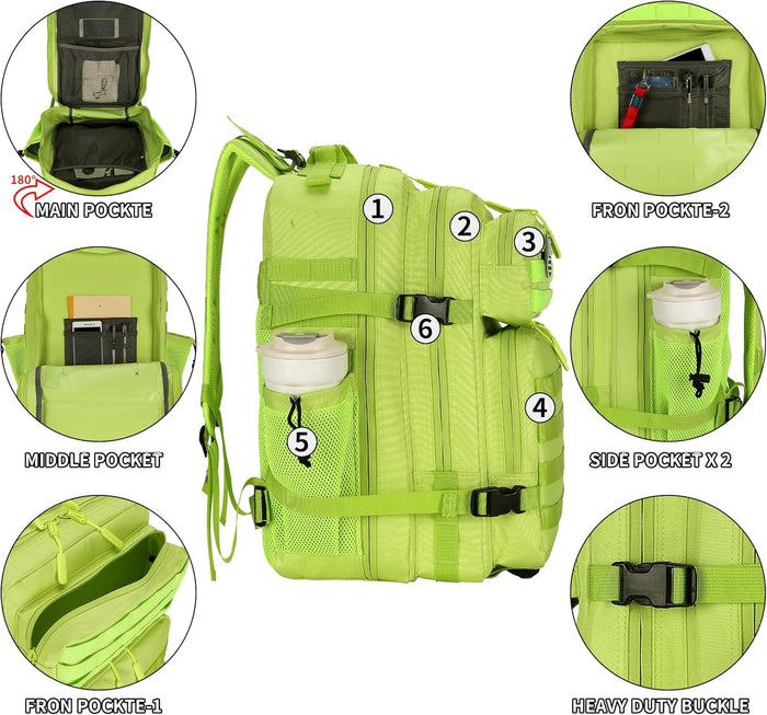 25L Tactical Backpack Small Military Tactical Backpack Molle Bag Heavy Duty Assault Pack for Work Gym Outdoors (Bright Green)