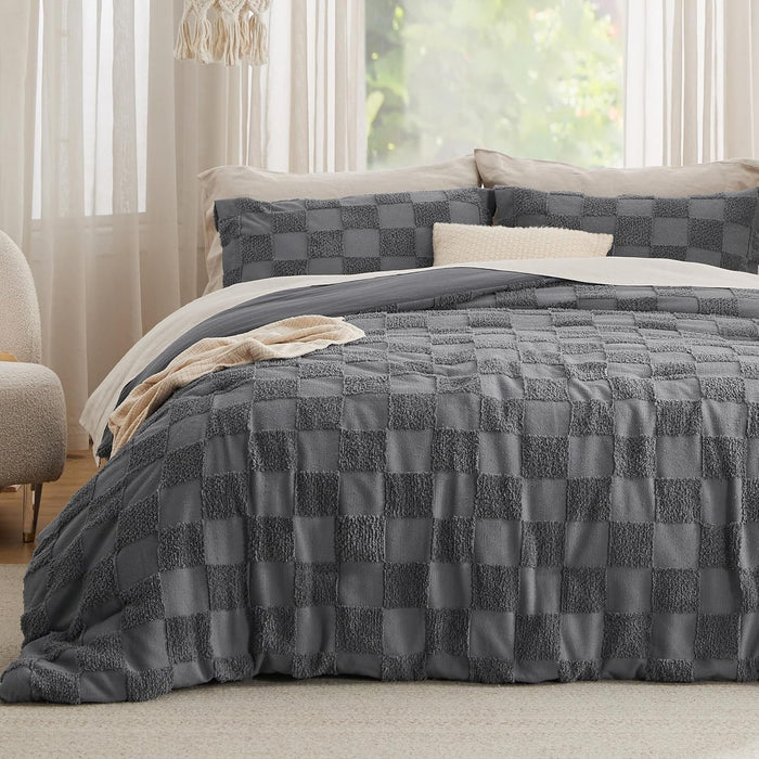 Bedsure Queen Size Comforter Set Beige, Boho Tufted Bed Set, Checkered Farmhouse Shabby Chic Bedding, 3 Pieces, 1 Plaid Geometric Comforter and 2 Pillow Shams