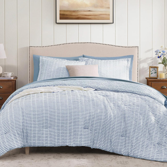 Queen Comforter Set - 7 Pieces Green Gauze Muslin Bedding Sets for All Seasons, Lightweight Breathable Bed in a Bag Queen with Revesible Farmhouse Comforter, Sheets, Pillowcases & Shams