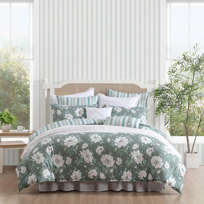 Laura Ashley - King Comforter Set, Soft & Reversible Cotton Bedding, Medium Weight 7 Piece Bed Set with Matching Pillowcases, Euro Shams & Bonus Throw Pillow Covers (Bramble Floral Green)