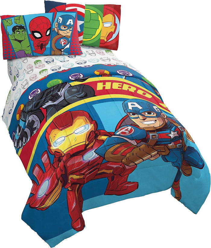 Jay Franco Marvel Avengers Team 4 Piece Twin Bed Set - Includes Reversible Comforter & Sheet Set - Super Soft Fade Resistant Polyester - (Official Marvel Product)