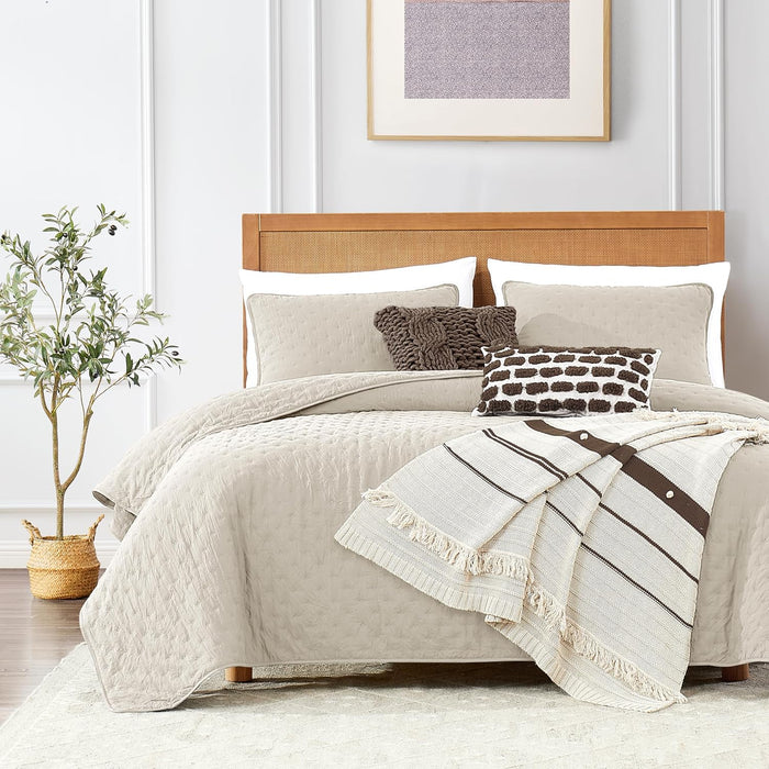 ROARINGWILD Beige Cloud Queen Size Quilt Bedding Sets with Pillow Shams, Farmhouse Lightweight Soft Bedspread Coverlet, All Season Rustic Country Thin Comforter, 3 Pieces, 90x90 inches, Tan Cream