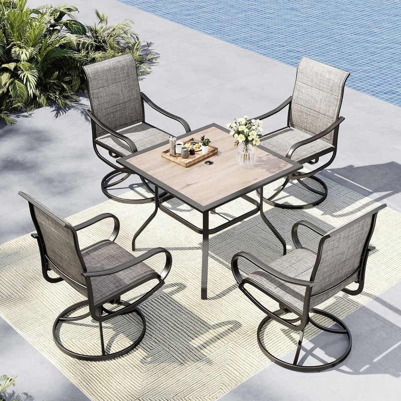 MFSTUDIO Outdoor Dining Set for 4，Round Patio Table and Chairs Set with Umbrella Hole, 5 Piece Patio Furniture Set for Deck, Backyard, Poolside & Garden