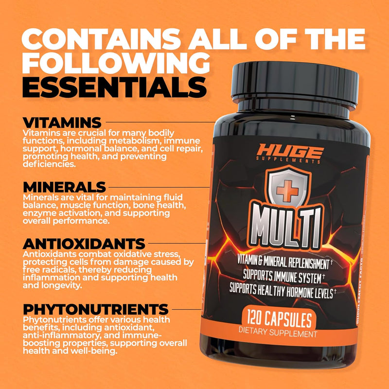Huge Multi, Multivitamin for Men, High-Performance All-in-One Formula for Athletes & Bodybuilding, Vitamin & Mineral Replenishment, Supports Immune System & Healthy Hormone Levels (120 Capsules)