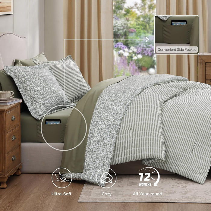 Queen Comforter Set - 7 Pieces Green Gauze Muslin Bedding Sets for All Seasons, Lightweight Breathable Bed in a Bag Queen with Revesible Farmhouse Comforter, Sheets, Pillowcases & Shams