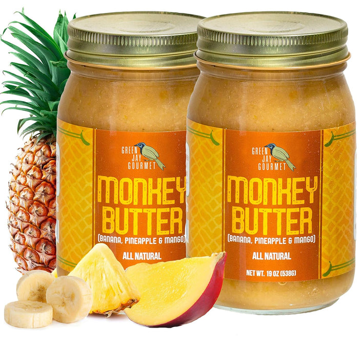 Green Jay Gourmet Monkey Butter - All-Natural, Gluten-Free Banana Butter - Pineapple Spread with Bananas & Mango - Gourmet Fruit Butter - No Corn Syrup, Preservatives or Trans-Fats - 19 Ounces
