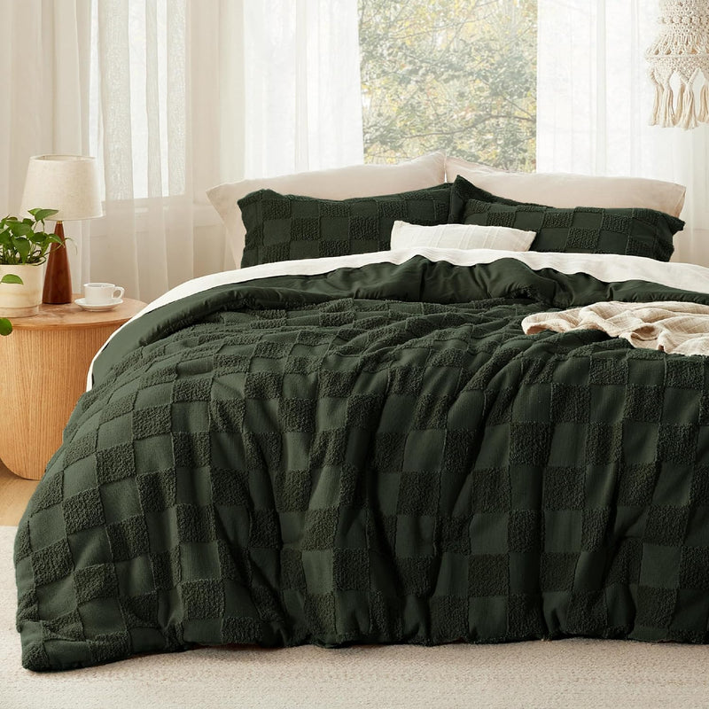Bedsure Queen Size Comforter Set Beige, Boho Tufted Bed Set, Checkered Farmhouse Shabby Chic Bedding, 3 Pieces, 1 Plaid Geometric Comforter and 2 Pillow Shams