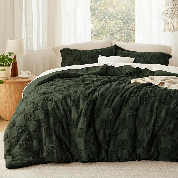 Bedsure Queen Size Comforter Set Beige, Boho Tufted Bed Set, Checkered Farmhouse Shabby Chic Bedding, 3 Pieces, 1 Plaid Geometric Comforter and 2 Pillow Shams