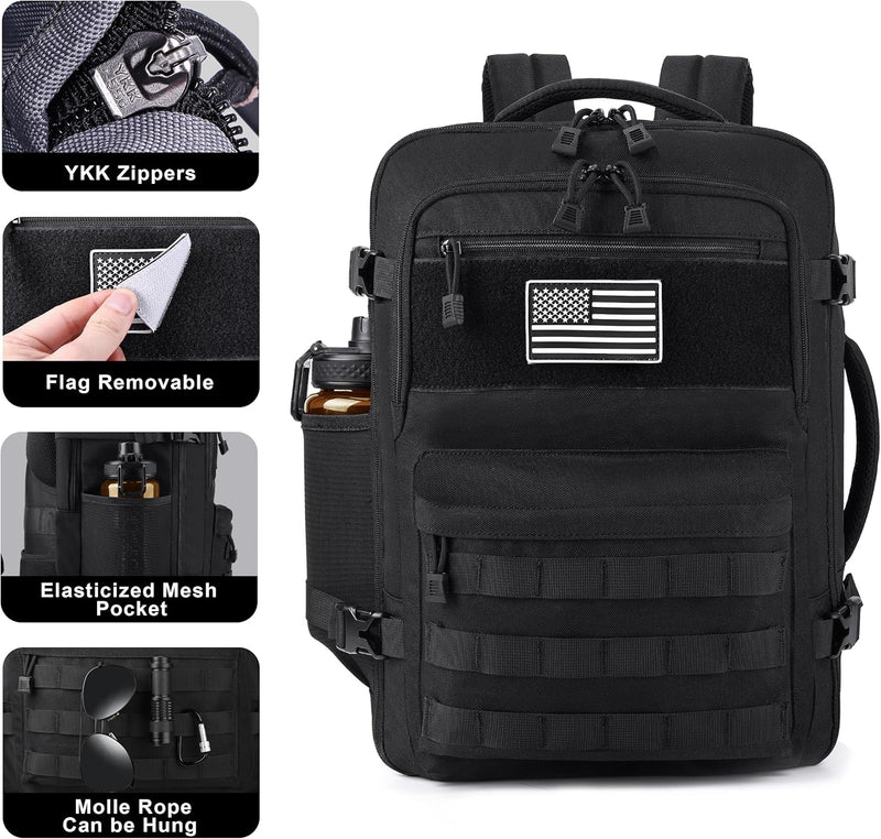 MOZETO TSA Approved Carry On Backpack, Extra Large Tactical Travel Backpack for Men, Airplane Approved Weekender Bag, Water Resistant Lightweight Laptop Daypack for Flight, Black